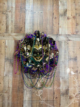 Load image into Gallery viewer, Mardi Gras Jester Mask Wreath with Beads – Purple Green Gold Front Door Decor
