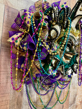 Load image into Gallery viewer, Mardi Gras Jester Mask Wreath with Beads – Purple Green Gold Front Door Decor
