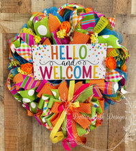 Load image into Gallery viewer, Hello and Welcome Spring Summer Wreath, Colorful Front Door Wreath with Bow, Bright Ribbon Mesh Wreath
