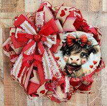 Load image into Gallery viewer, Valentine Highland Cow Wreath with Red and Neutral Ribbons – Valentine Front Door Decor
