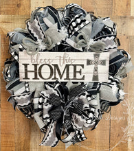 Load image into Gallery viewer, Bless This Home Neutral Black and Gray Cross Wreath – Farmhouse Christian Front Door Decor
