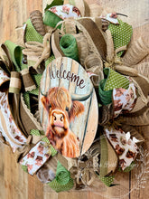 Load image into Gallery viewer, Highland Cow Welcome Wreath, Farmhouse Green and Neutral Deco Mesh Wreath with Rustic Bow, Country Front Door Decor
