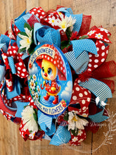 Load image into Gallery viewer, April Showers Bring May Flowers Spring Wreath with Daisies and Red Blue Ribbon, Whimsical Easter Door Decor
