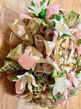 Load image into Gallery viewer, Easter Bunny Wreath with Cross Sign, Pink and Green Spring Deco Mesh Wreath, Easter Blessings Front Door Decor
