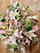 Load image into Gallery viewer, Easter Bunny Wreath with Cross Sign, Pink and Green Spring Deco Mesh Wreath, Easter Blessings Front Door Decor
