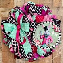 Load image into Gallery viewer, Whimsical Pink Rabbit Easter Wreath with Black and White Harlequin Ribbon
