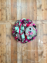 Load image into Gallery viewer, Whimsical Pink Rabbit Easter Wreath with Black and White Harlequin Ribbon
