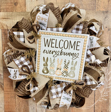 Load image into Gallery viewer, Welcome Everybunny Easter Bunny Wreath with Neutral Farmhouse Ribbon
