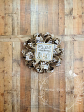 Load image into Gallery viewer, Welcome Everybunny Easter Bunny Wreath with Neutral Farmhouse Ribbon
