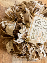 Load image into Gallery viewer, Welcome Everybunny Easter Bunny Wreath with Neutral Farmhouse Ribbon

