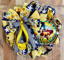 Load image into Gallery viewer, Texas Longhorn Sunflower Wreath – Bluebonnet &amp; Navy Ribbon Front Door Decor
