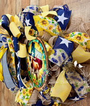 Load image into Gallery viewer, Texas Longhorn Sunflower Wreath – Bluebonnet &amp; Navy Ribbon Front Door Decor
