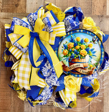 Load image into Gallery viewer, Blue and Yellow Welcome Friends Wreath – Spring Summer Front Door Decor
