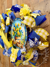 Load image into Gallery viewer, Blue and Yellow Welcome Friends Wreath – Spring Summer Front Door Decor
