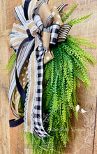 Load image into Gallery viewer, Farmhouse Bead Grass Wreath Swag with Black and Tan Bow, Neutral Front Door Decor, Buffalo Check Rustic Farmhouse Door Hanger
