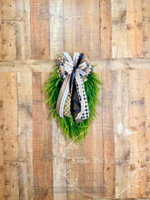 Load image into Gallery viewer, Farmhouse Bead Grass Wreath Swag with Black and Tan Bow, Neutral Front Door Decor, Buffalo Check Rustic Farmhouse Door Hanger

