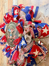 Load image into Gallery viewer, Patriotic American Eagle Wreath – United States 250th Anniversary 1776–2026 Red White and Blue Front Door Wreath
