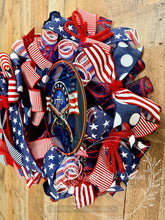 Load image into Gallery viewer, Patriotic 1776 Americana Wreath – Red White and Blue Deco Mesh Front Door Wreath with Revolutionary War Sign
