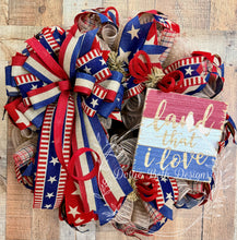 Load image into Gallery viewer, Land That I Love - Patriotic Stars and Stripes Deco Mesh Wreath with Rustic Sign
