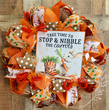 Load image into Gallery viewer, Easter Bunny Carrot Wreath – Stop &amp; Nibble Carrots Spring Mesh Wreath with Rustic Polka Dot Ribbon
