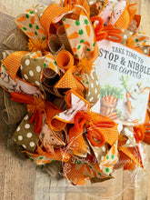Load image into Gallery viewer, Easter Bunny Carrot Wreath – Stop &amp; Nibble Carrots Spring Mesh Wreath with Rustic Polka Dot Ribbon
