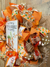 Load image into Gallery viewer, Easter Bunny Carrot Wreath – Stop &amp; Nibble Carrots Spring Mesh Wreath with Rustic Polka Dot Ribbon
