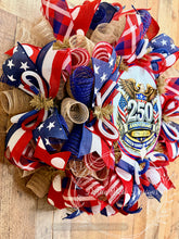Load image into Gallery viewer, Patriotic 250th Anniversary Wreath – USA 1776–2026 Eagle Deco Mesh Door Wreath
