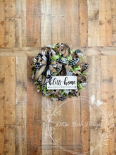 Load image into Gallery viewer, Farmhouse Bless This Home Wreath with Neutral Burlap, Black and White Ribbon, and Greenery – Approx 25 Inch Door Wreath
