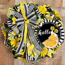 Load image into Gallery viewer, Lemon Daisy Summer Wreath, Black and White Stripe Citrus Wreath, Yellow Floral Front Door Decor
