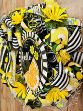 Load image into Gallery viewer, Lemon Daisy Summer Wreath, Black and White Stripe Citrus Wreath, Yellow Floral Front Door Decor
