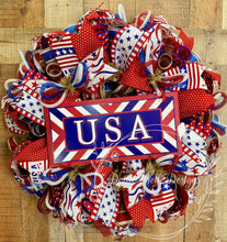 Load image into Gallery viewer, Patriotic USA Deco Mesh Wreath – Red White Blue Fourth of July Door Wreath – 25 Inch
