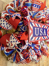 Load image into Gallery viewer, Patriotic USA Deco Mesh Wreath – Red White Blue Fourth of July Door Wreath – 25 Inch
