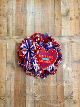 Load image into Gallery viewer, Patriotic Wreath – “Every Heart Beats True” Red White and Blue Deco Mesh Wreath with Firework Ribbon and Large Bow

