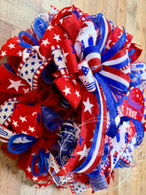 Load image into Gallery viewer, Patriotic Wreath – “Every Heart Beats True” Red White and Blue Deco Mesh Wreath with Firework Ribbon and Large Bow
