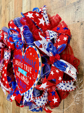Load image into Gallery viewer, Patriotic Wreath – “Every Heart Beats True” Red White and Blue Deco Mesh Wreath with Firework Ribbon and Large Bow
