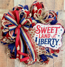 Load image into Gallery viewer, Sweet Land of Liberty Patriotic Wreath, Rustic Red White and Blue Deco Mesh Wreath, Americana Front Door Wreath, 4th of July Door Decor
