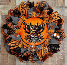 Load image into Gallery viewer, Halloween Owl and Skull Wreath – Deco Mesh Front Door Decor
