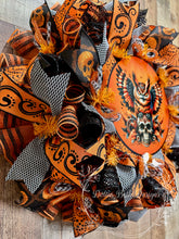 Load image into Gallery viewer, Halloween Owl and Skull Wreath – Deco Mesh Front Door Decor
