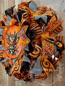 Halloween Owl and Skull Wreath – Deco Mesh Front Door Decor