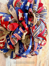 Load image into Gallery viewer, America 250th Anniversary Wreath | Patriotic Mesh Door Wreath | Military Tribute | 4th of July Décor
