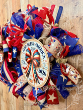 Load image into Gallery viewer, God Bless America 250th Anniversary Patriotic Wreath – Red White Blue Deco Mesh Door Wreath – Independence Day Decor – 1776-2026
