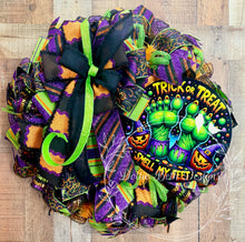 Load image into Gallery viewer, Halloween Trick or Treat Smell My Feet Deco Mesh Wreath | Purple, Lime Green &amp; Orange Front Door Wreath | Halloween Door Hanger
