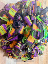 Load image into Gallery viewer, Halloween Trick or Treat Smell My Feet Deco Mesh Wreath | Purple, Lime Green &amp; Orange Front Door Wreath | Halloween Door Hanger

