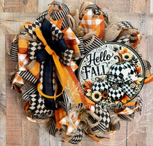 Load image into Gallery viewer, Black &amp; White Harlequin Pumpkin Fall Wreath | Orange Buffalo Check Autumn Front Door Decor | Handmade Mesh Wreath
