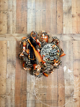 Load image into Gallery viewer, Black &amp; White Harlequin Pumpkin Fall Wreath | Orange Buffalo Check Autumn Front Door Decor | Handmade Mesh Wreath
