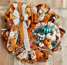 Load image into Gallery viewer, Teal &amp; Orange Pumpkin Fall Deco Mesh Wreath with Pumpkin Bow – 25 Inch Autumn Front Door Wreath
