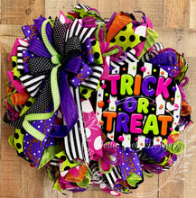 Load image into Gallery viewer, Colorful Trick or Treat Halloween Deco Mesh Wreath – Black, White, Purple, Lime Green &amp; Hot Pink Front Door Wreath
