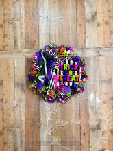 Load image into Gallery viewer, Colorful Trick or Treat Halloween Deco Mesh Wreath – Black, White, Purple, Lime Green &amp; Hot Pink Front Door Wreath
