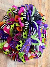 Load image into Gallery viewer, Colorful Trick or Treat Halloween Deco Mesh Wreath – Black, White, Purple, Lime Green &amp; Hot Pink Front Door Wreath
