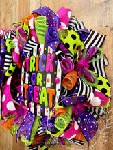 Load image into Gallery viewer, Colorful Trick or Treat Halloween Deco Mesh Wreath – Black, White, Purple, Lime Green &amp; Hot Pink Front Door Wreath
